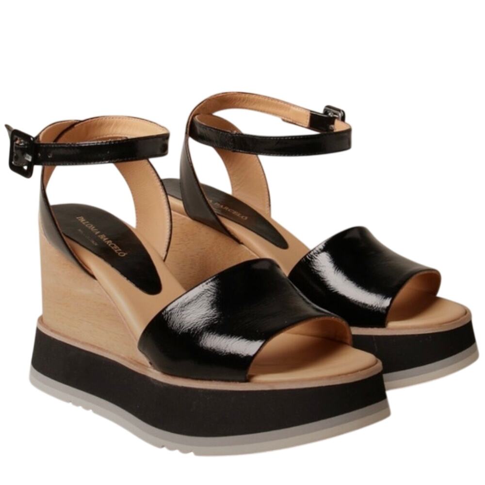 Paloma Barceló Black Patent Leather Platform Wedge Sandals – NWOT-Sz 42-11/11.5